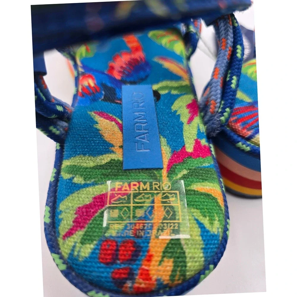 Farm Rio Blue Macaw Platform Rope Sandals Tropical Rainbow Striped 10 NEW